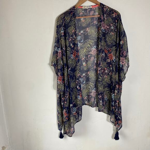 Jolt Other - Jolt Blue Semi Sheer Floral Kimono Cover Up‎ SZ XL Duster Tassels Beach Boho
